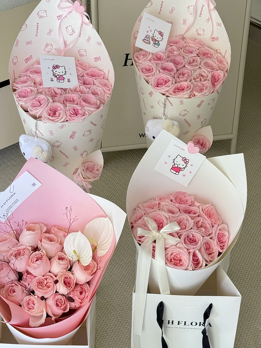 H H 新品凯特喵喵卡片kt猫可爱简约风鲜花花束手工DIY资材