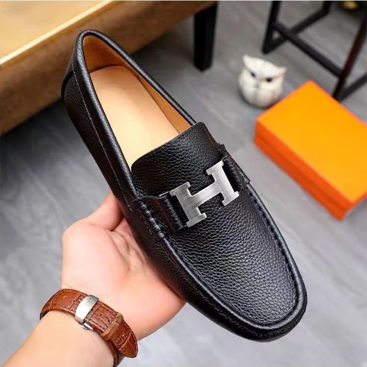 欧洲站休闲商务男皮鞋时尚高端H扣男士真皮一脚蹬软皮百搭乐福鞋