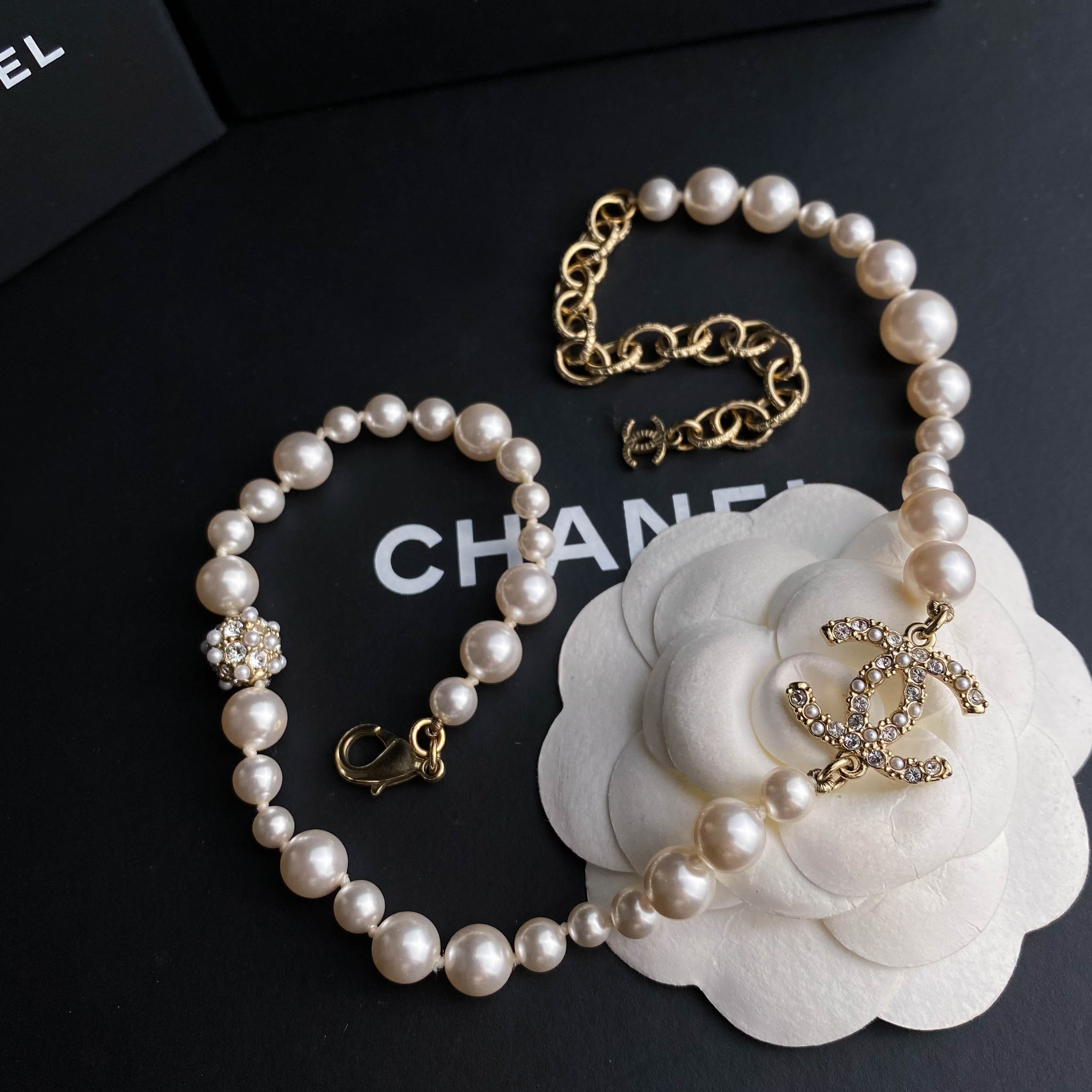 未使用 Chanel/香奈儿 闲置 经典双C镶钻珍珠 项链 S6452