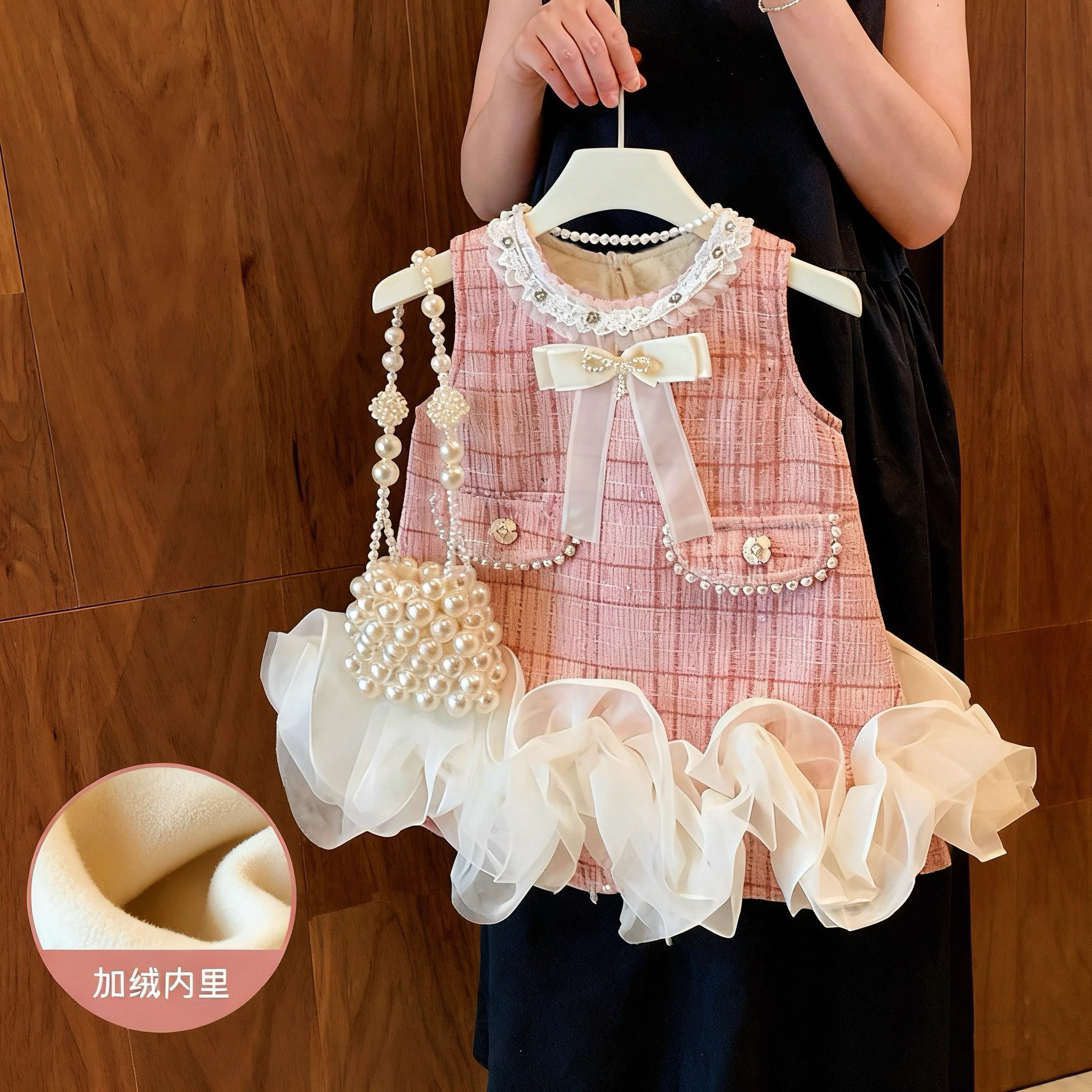 女童韩系格子公主裙秋加绒女小童周岁生日礼服洋气小香风背心裙