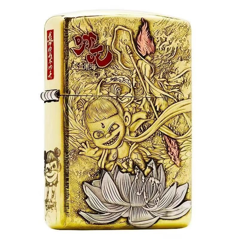 哪吒天浮雕镶嵌黄铜盔甲创意防风打火机