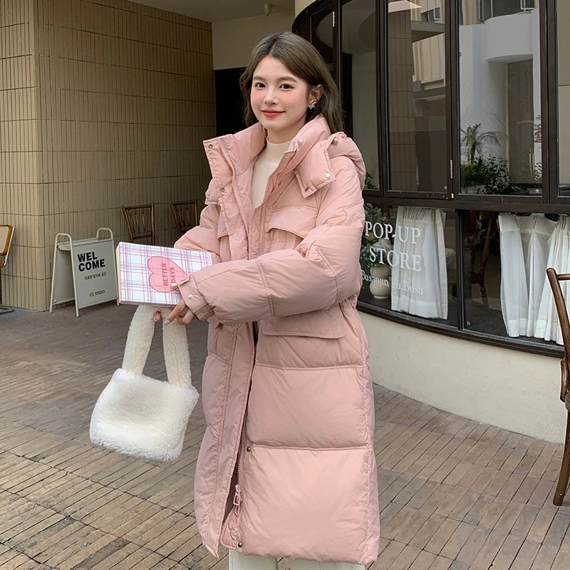 女冬季韩系长款连帽加厚保暖面包服白防寒外套Q
