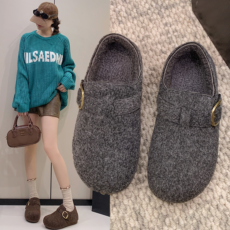 爆款灰色毛呢勃肯鞋女秋冬加绒2025新款厚底内增高全包一脚蹬棉鞋