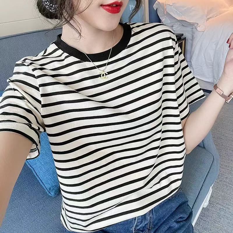1079 条纹短袖t恤女夏装新款女装潮ins韩版宽松体恤夏季短款上衣