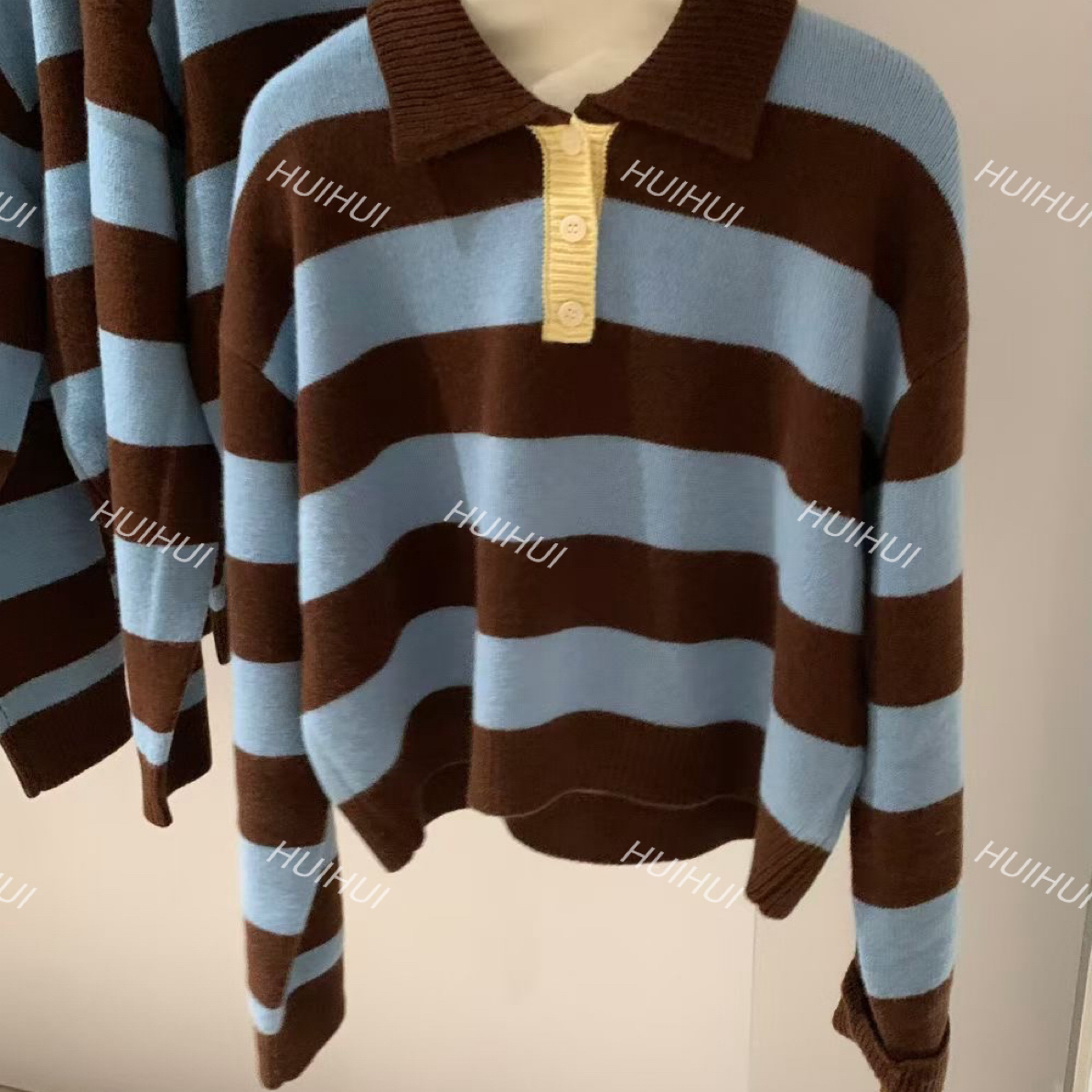 【HUIHUI】韩系条纹翻领海盐可露丽搭配百搭套头《不可机洗》