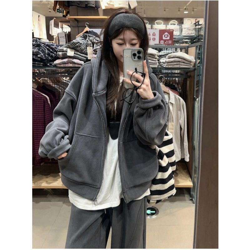 2025简约韩版慵懒时尚休闲运动套装女秋冬加绒宽松卫衣卫裤两件套