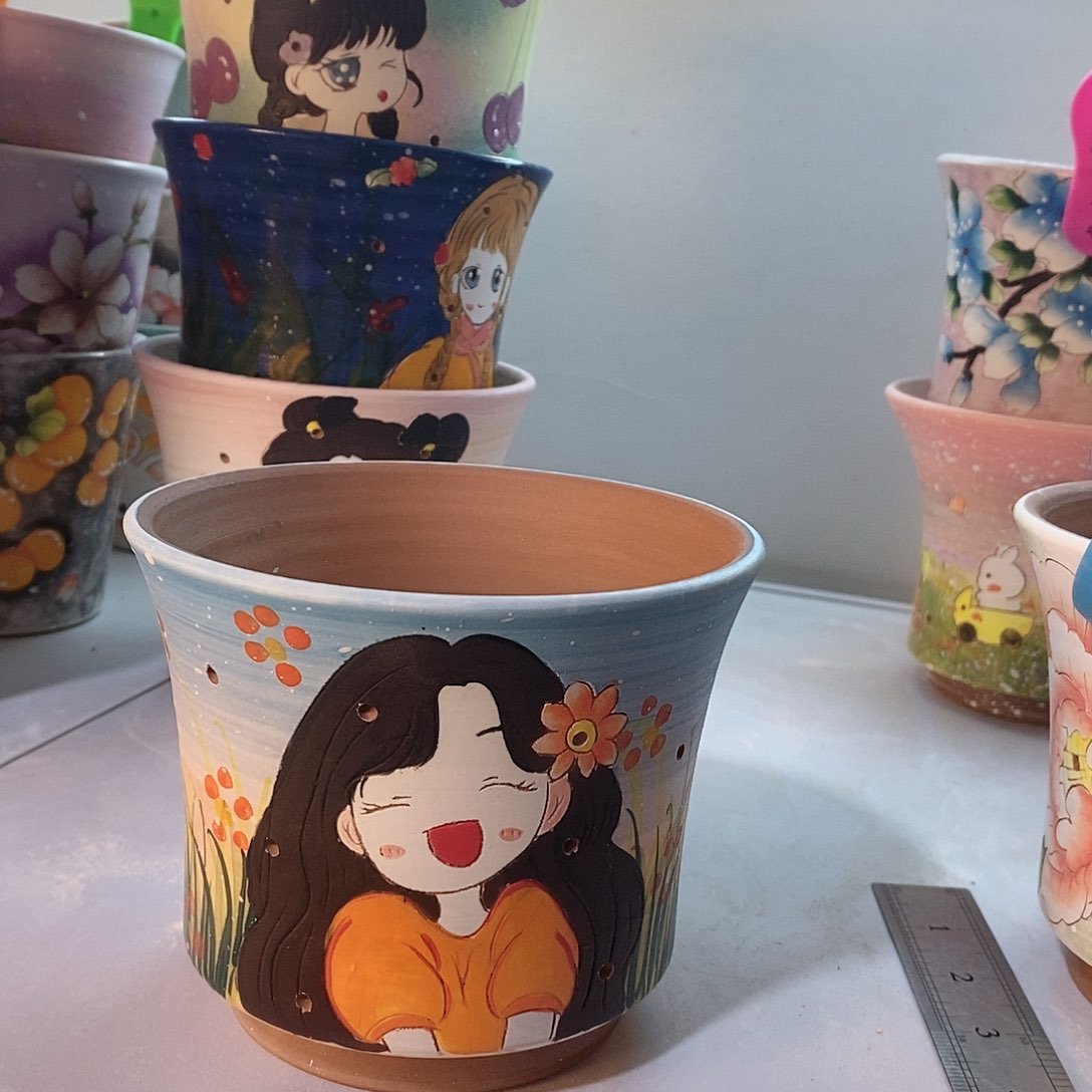 紫砂花盆红陶手绘花盆