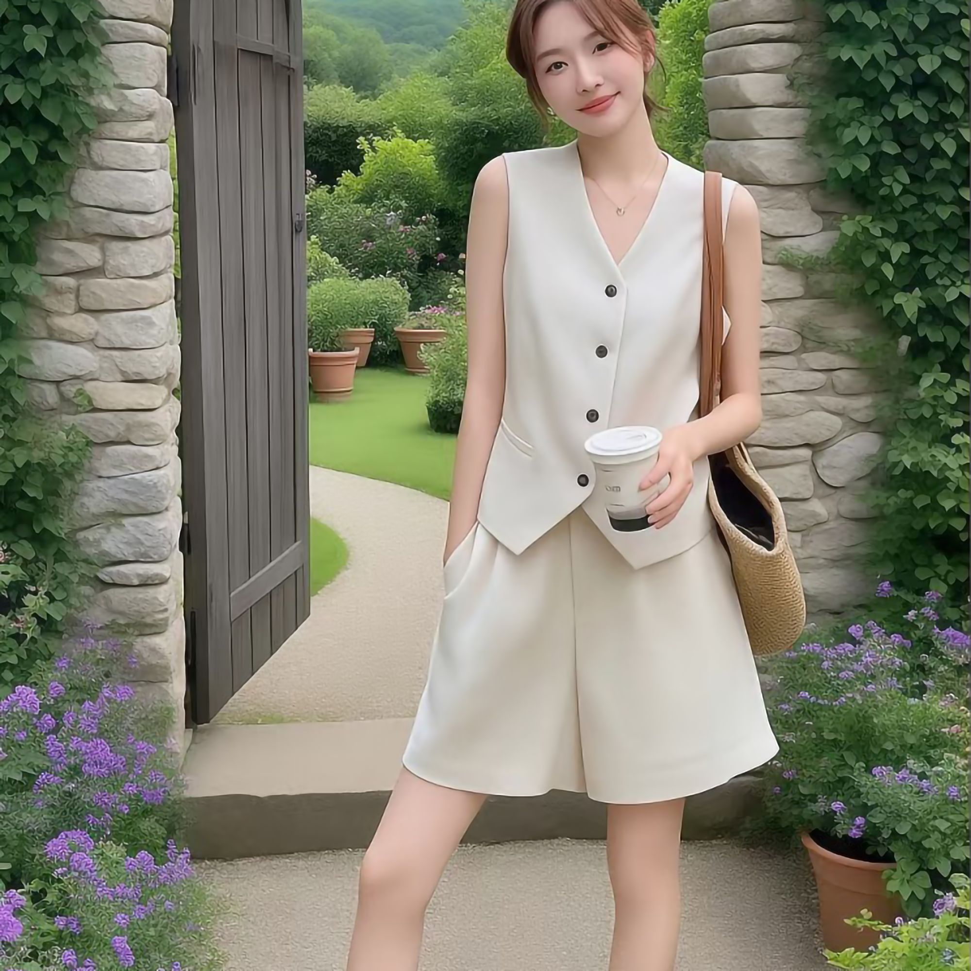 高级感老钱风亚麻马甲短裤两件套装女2025夏季大方得体穿搭一整套