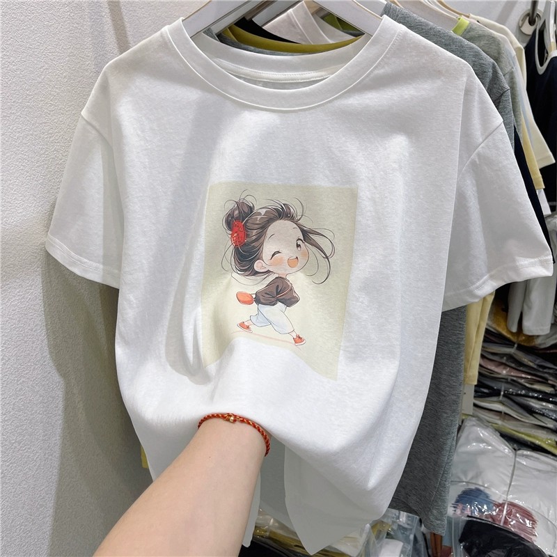 2025新款高级感雪花棉t恤女夏季大码200斤胖mm宽松百搭显瘦上
