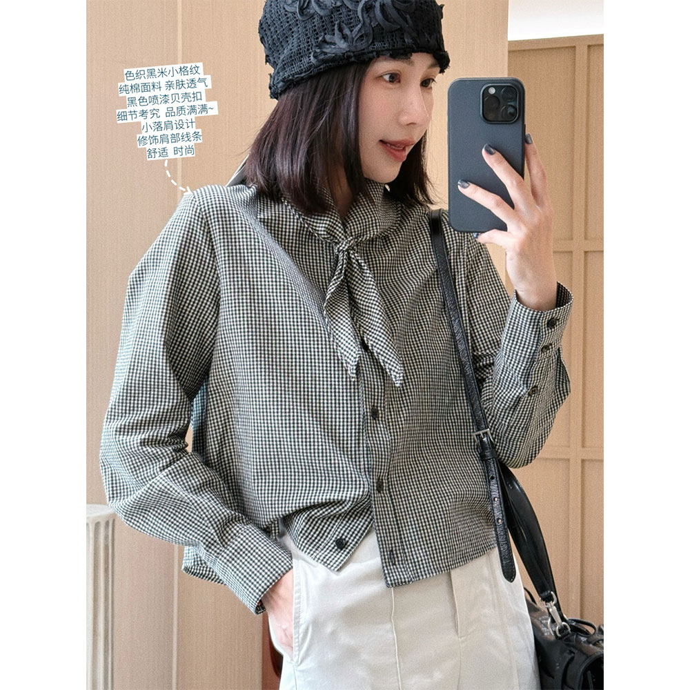 【MGDM】酵洗全棉蝴蝶结领设计感长袖衬衫女2025春DDJ24526