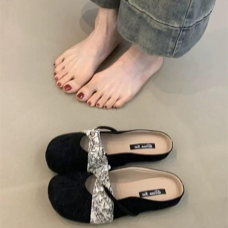 2025春季新款包头凉鞋方头软底包头拖鞋外穿蝴蝶结仙风温柔鞋子鞋