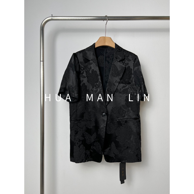 【花滿林】翻领一粒扣提花冠乐绉真丝桑蚕丝短袖西装8687
