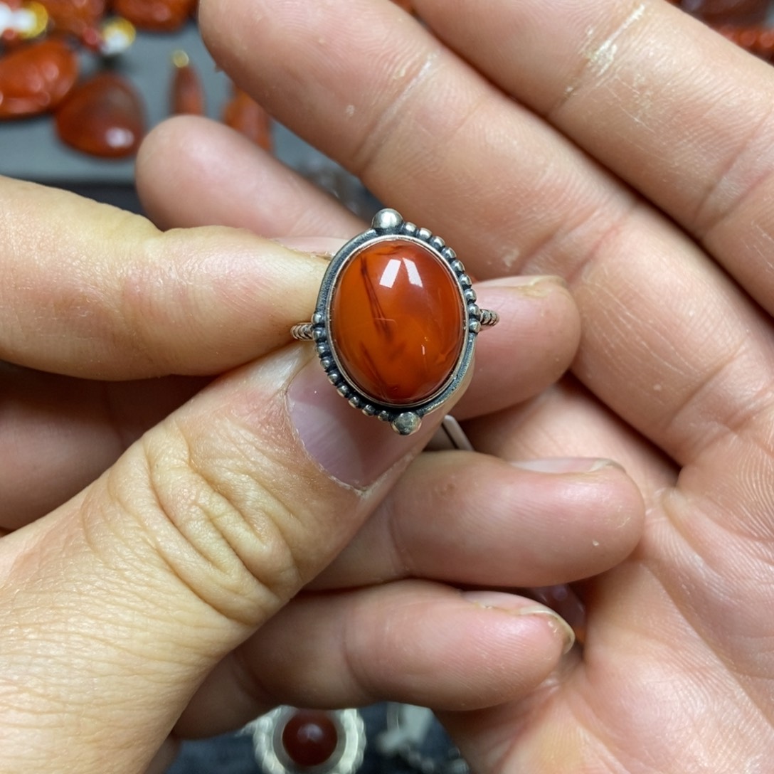 南红玛瑙戒指银S925镶嵌