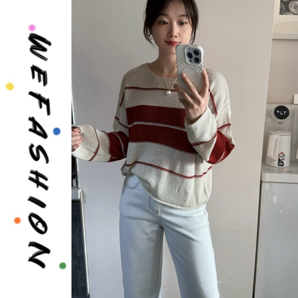 【WE】条纹撞色圆领长袖针织衫