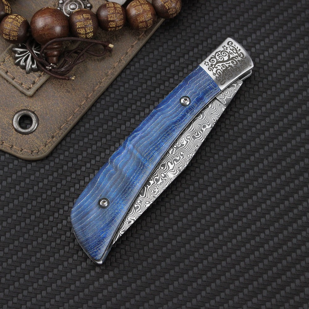 蓝犀-蓝色固化稳定木大马士革钢折叠水果刀精致锋利小刀-已开刃