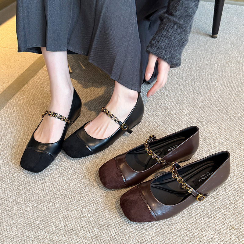 黑/棕 复古玛丽珍女单鞋内增高方头平底鞋女浅口宽胖脚大码女鞋