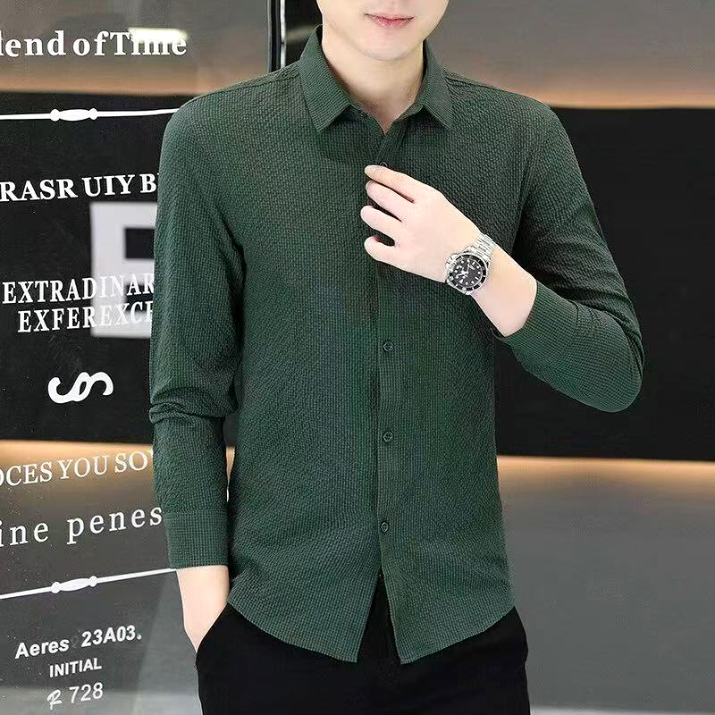 休闲春季男士新款时尚衬衫翻领长袖轻薄纯色简约休闲衬衣1809