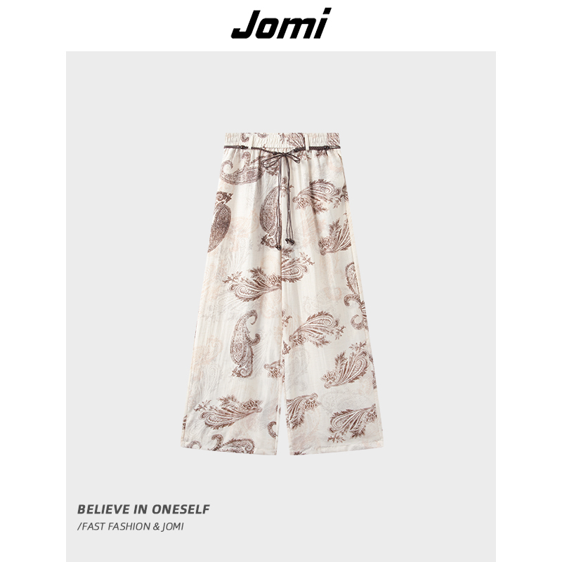 JOMI复古夏季薄款阔腿裤女系带慵懒度假风垂感休闲裤