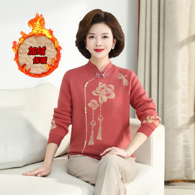 中老年加厚加绒打底女装气质时尚秋冬中式小衫冬装针织衫毛衣上衣