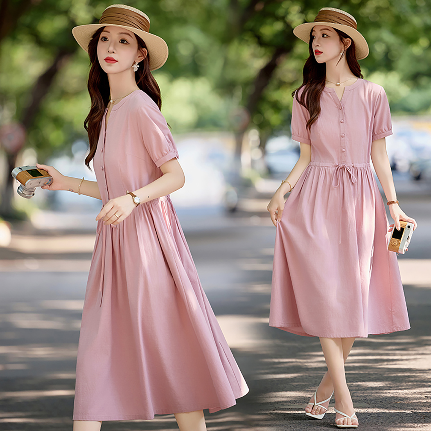 2025年夏季新款优雅气质中长款气质V领修身系带连衣裙时尚潮流509