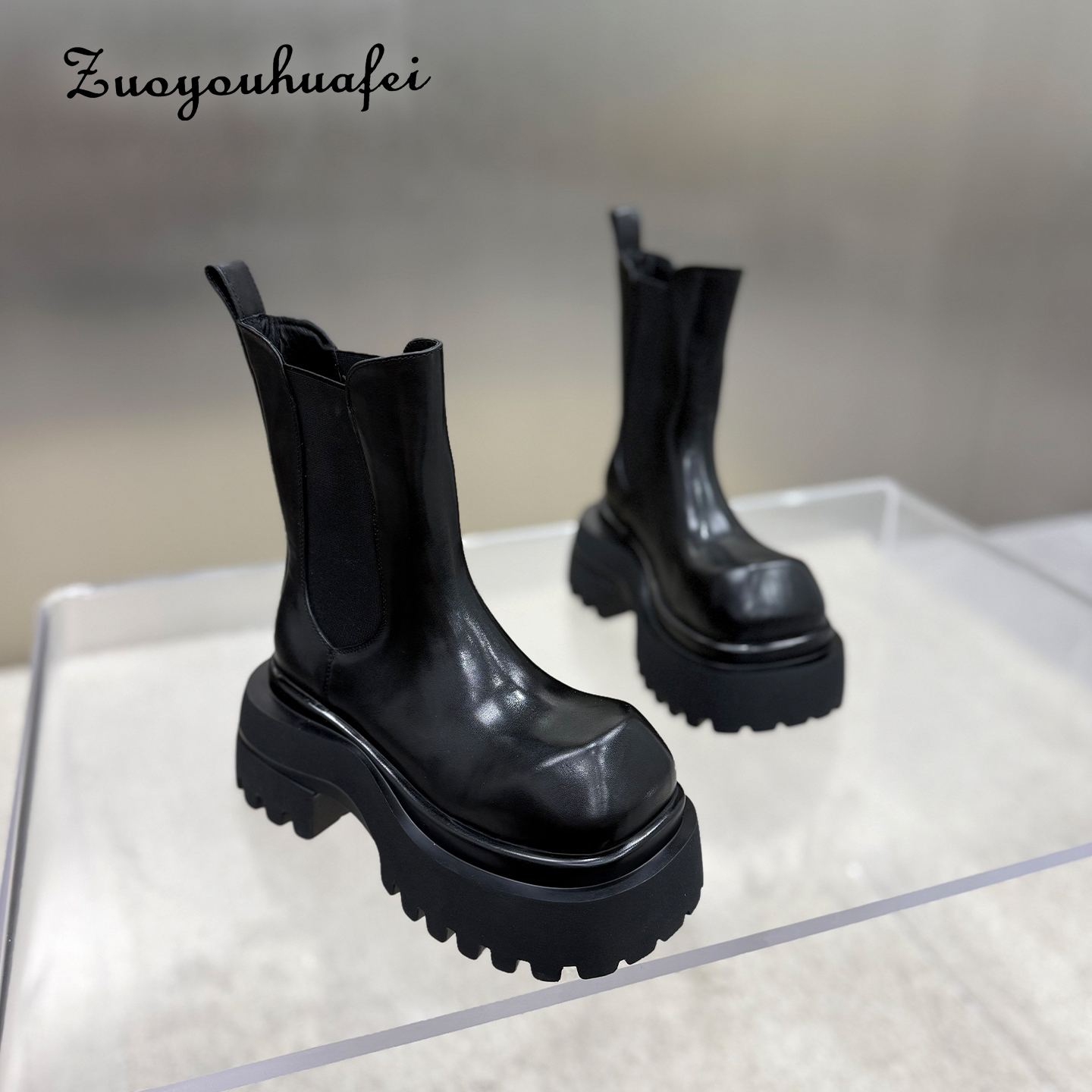 【左右华菲】7.5大头厚底英伦风烟筒女款秋冬时装加绒显瘦切尔西靴