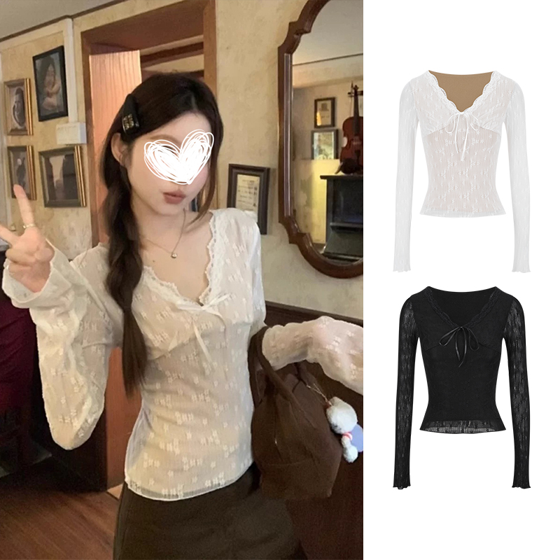 Moses Queen/魔西女王纯欲性感蝴蝶结V领蕾丝衫短款辣妹长袖上衣