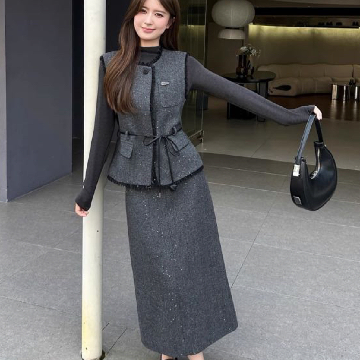 秋季小香风名媛气质无袖马甲长袖打底衫半身裙套装女