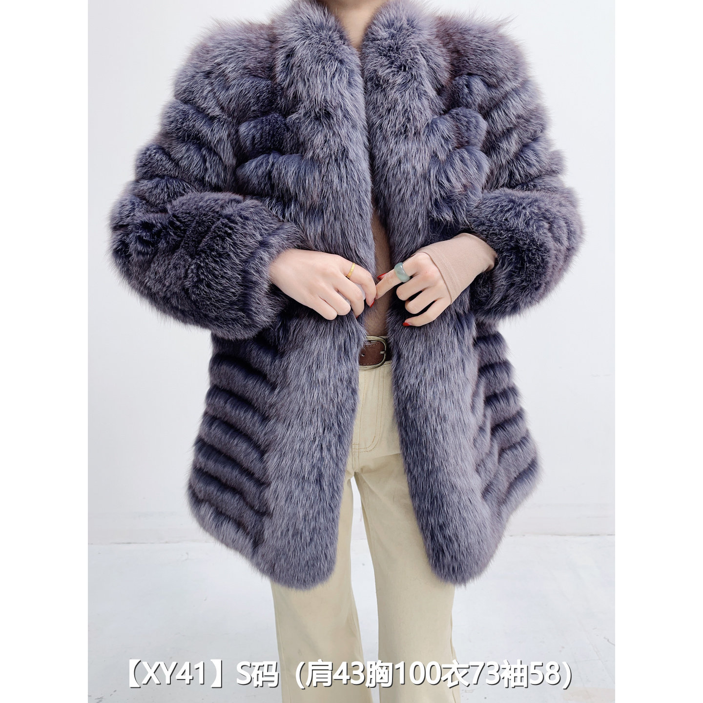 【XY41】S 紫灰狐短款横纹貂皮大衣外套女 V领泡泡袖 60041