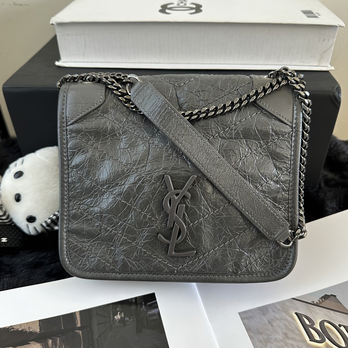 95新 YSL/圣罗兰 YSL圣罗兰 Niki灰色链条包 19年