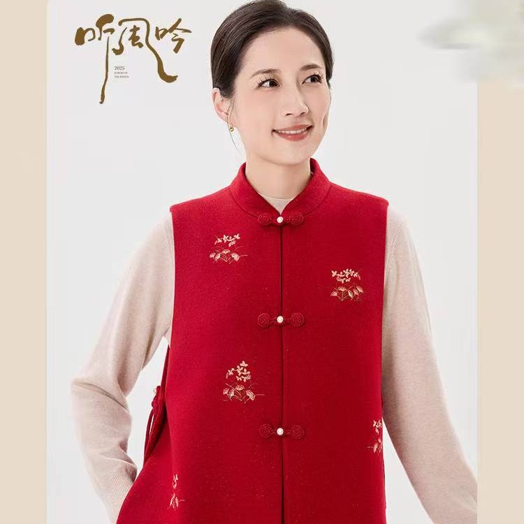 老美华冬季女士新中式手工盘扣花卉纹样喜庆百搭单坎肩434222027