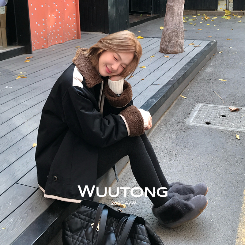 WuuTong【复古唱片】冬季英伦风撞色拼接毛领时尚外套25T271