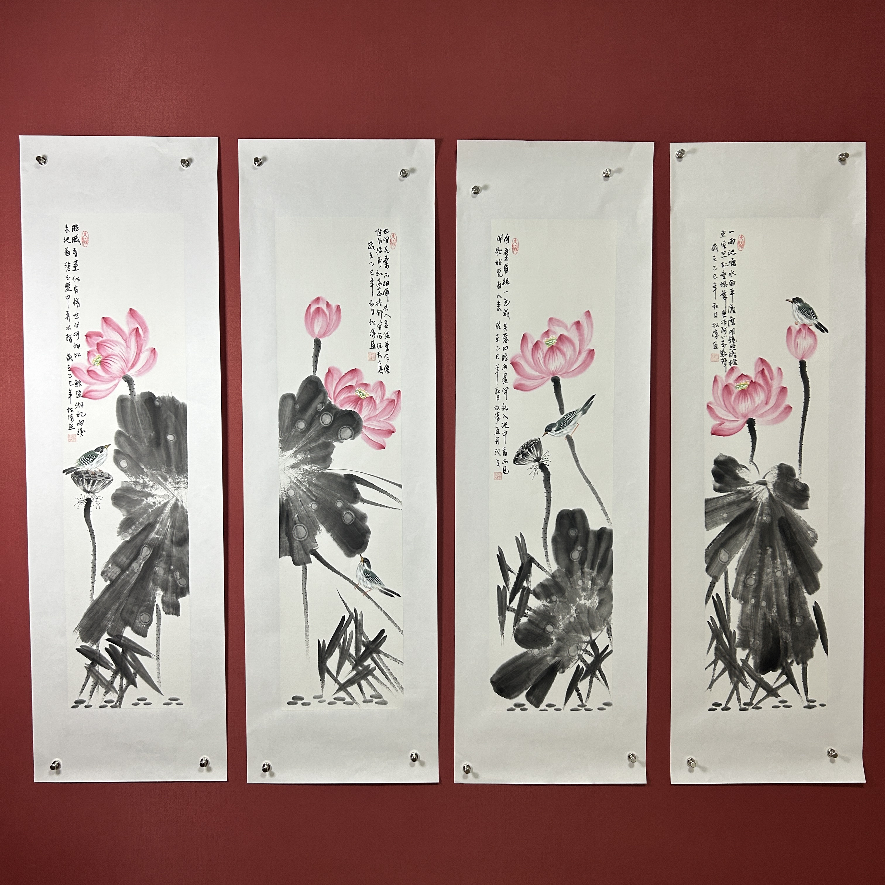 曾松涛  手绘国画宣纸精品荷花四联屏单幅25x100com售画芯送托底