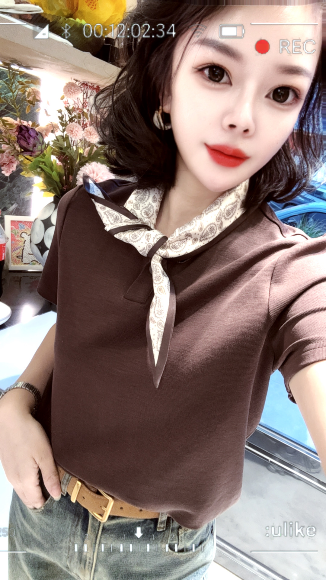 【小韩家】欧货2025秋冬新款洋气绑带丝巾领百搭显瘦短袖T