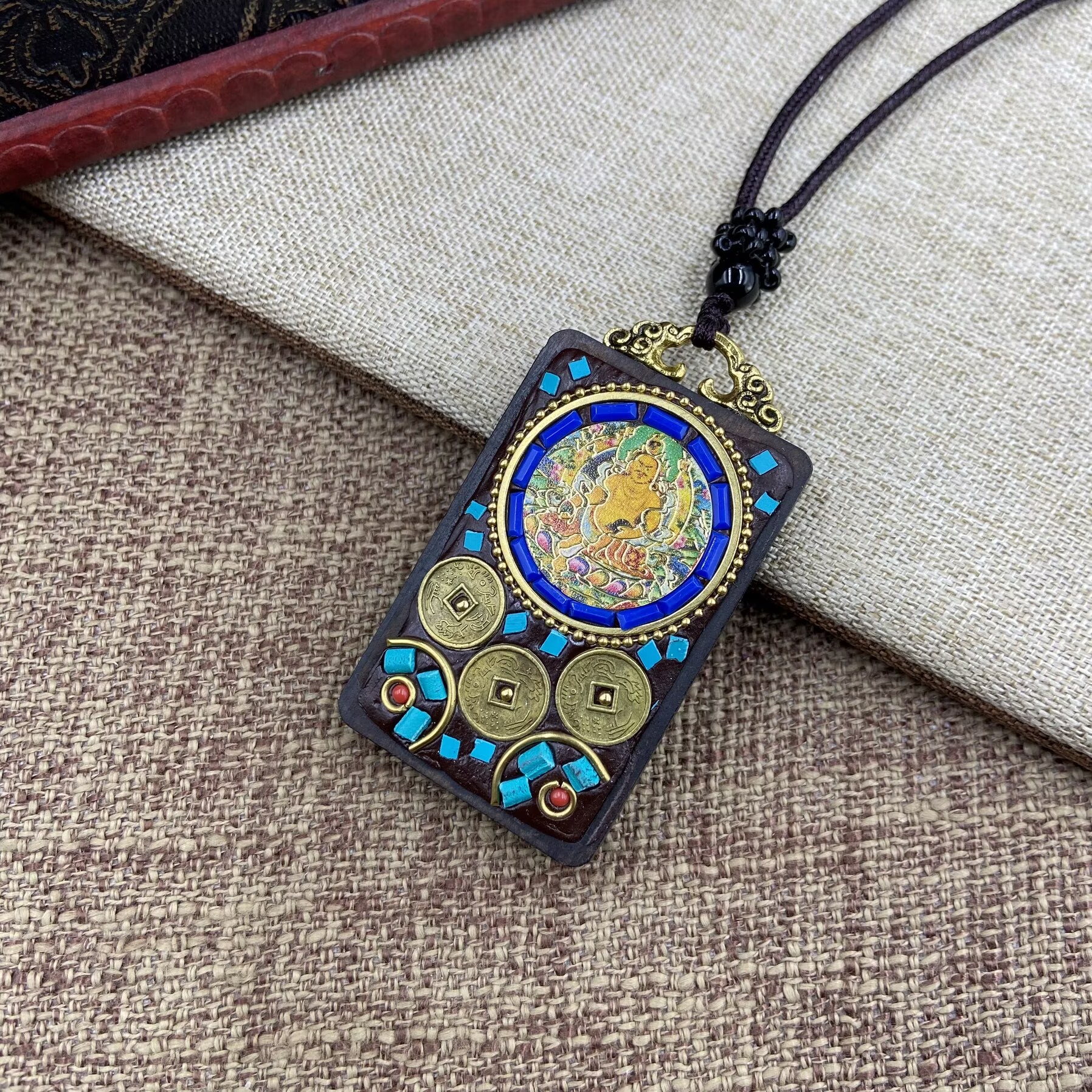 非金属珐琅吊坠 5836  精美民族风镶嵌多色方牌黑色吊坠