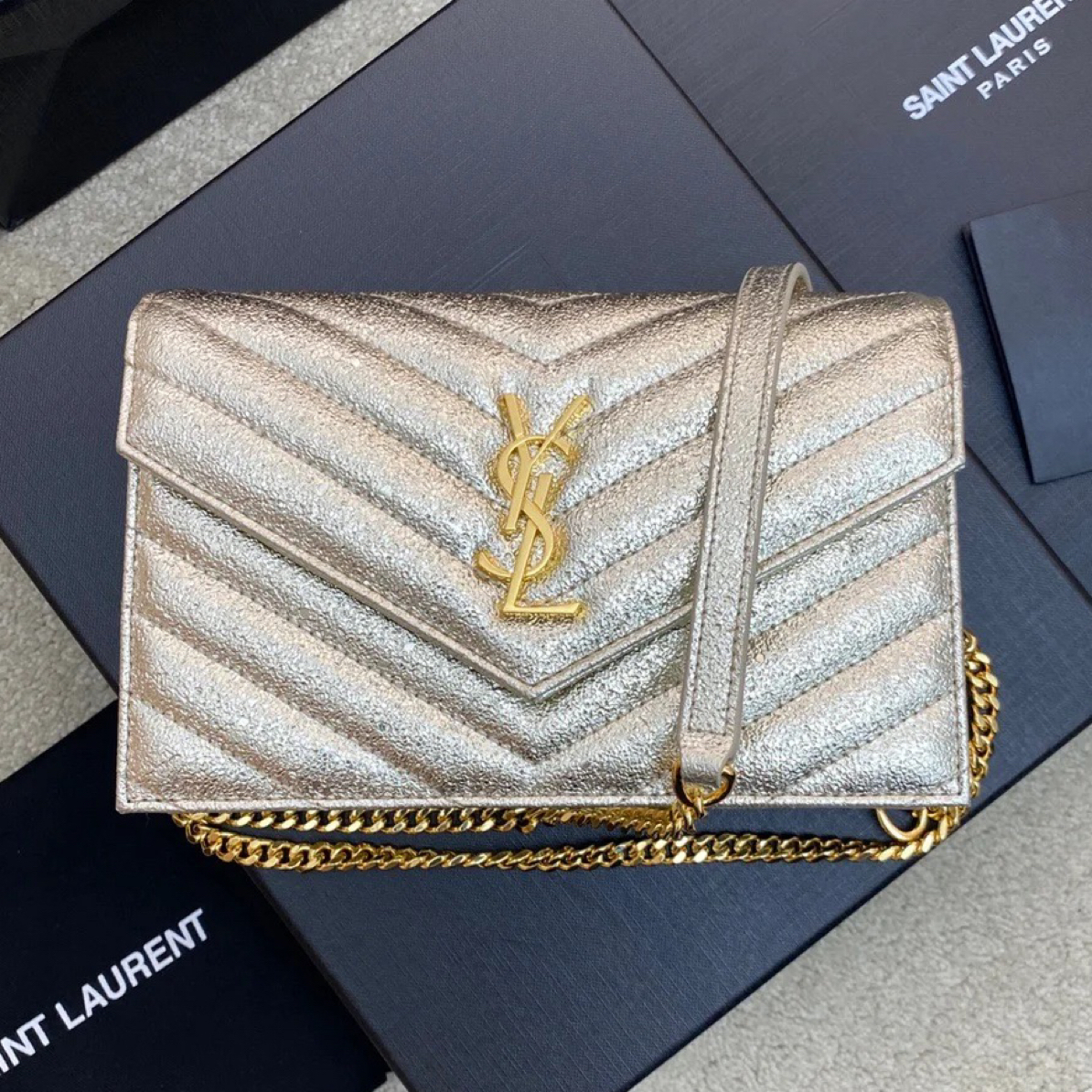 99新 YSL/圣罗兰 YS L 小号信封香槟金色链条包25090035-06