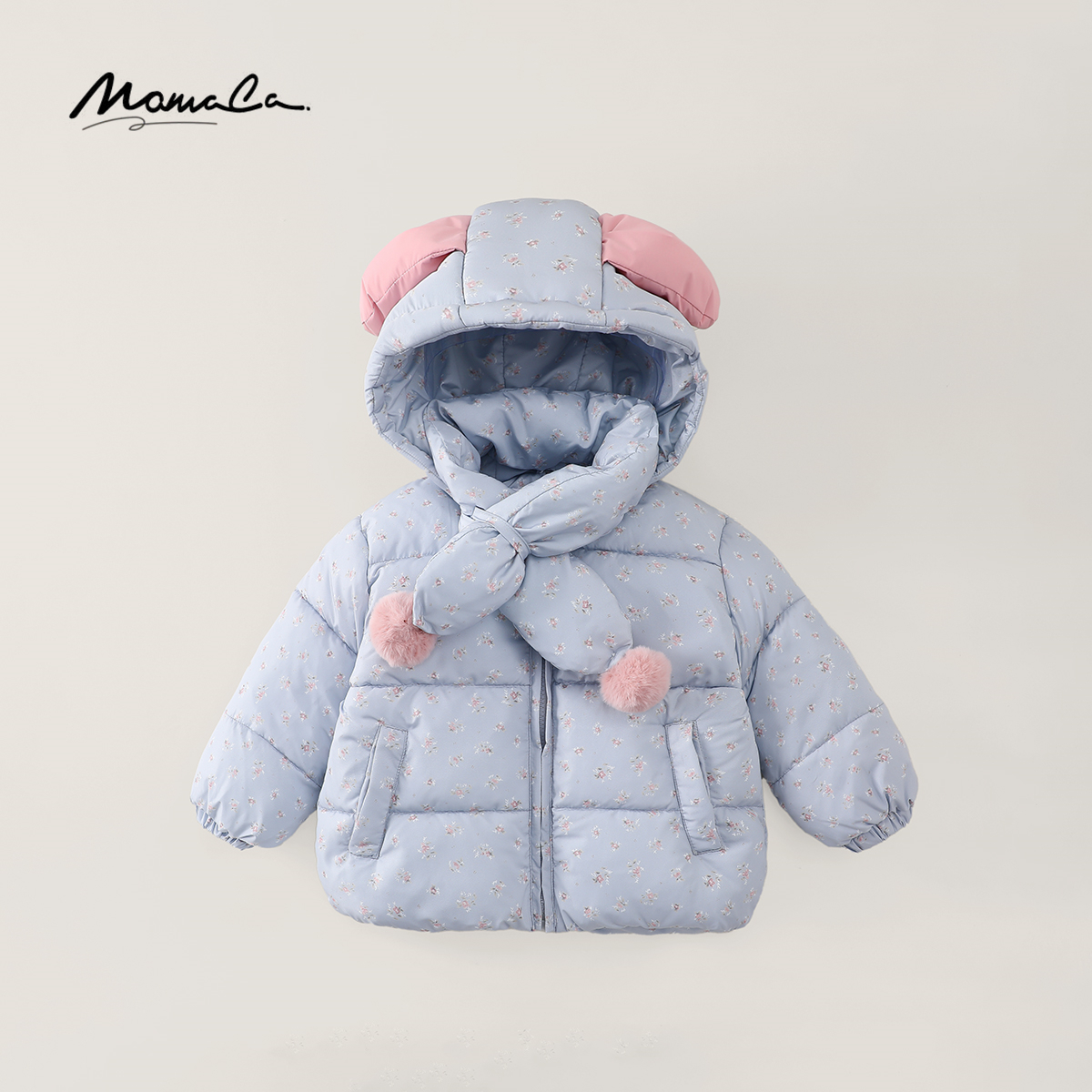 MOMOCO冬季新款女童洋气碎花加厚保暖连帽棉服外套77830101031&0