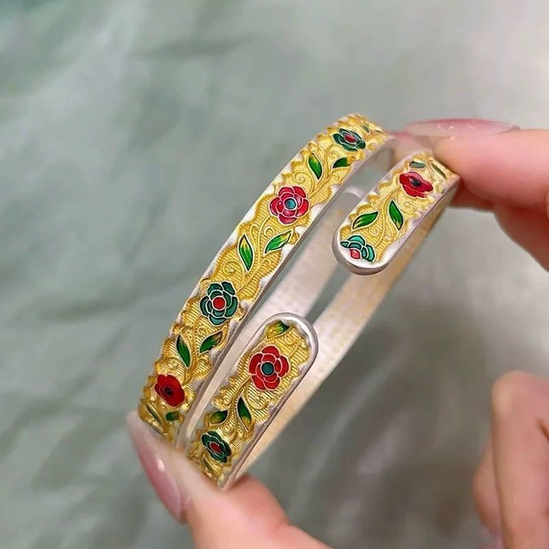 足银手镯 B6【约31g10N】足银9999玫瑰描金珐琅彩实心开口手镯A61