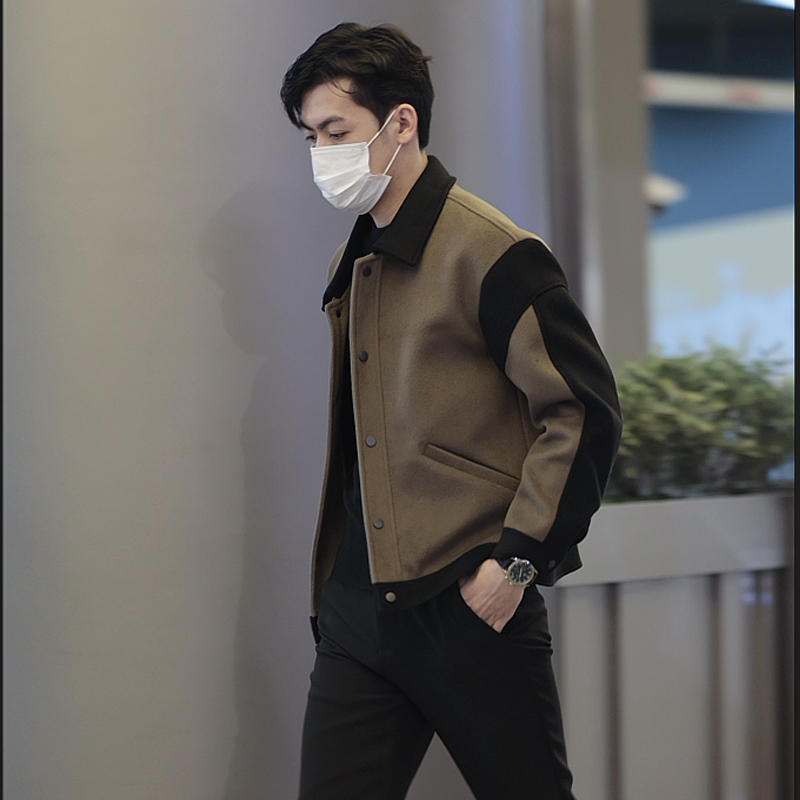秋冬装男士毛呢夹克外套潮流韩版修身翻领拼接撞色休闲上衣男