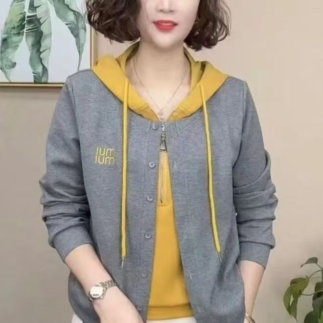 洋气时尚百搭常规连帽长袖T恤春秋装拼接秋季显瘦假两件拉链上衣