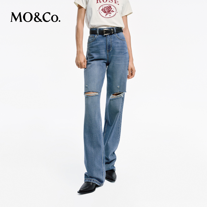 【王雪糕专属】MOCO春手工破洞拉须棉质高腰及地牛仔裤MBD1JEN002