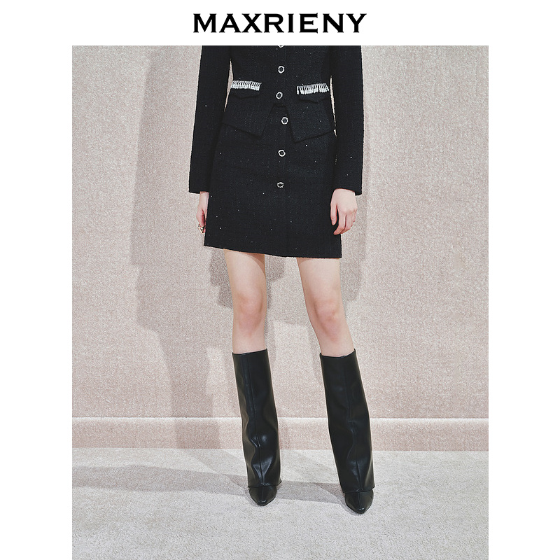 【达人专属】MAXRIENY秋小香风黑色高腰半身裙时尚显瘦秋粗花呢短裙