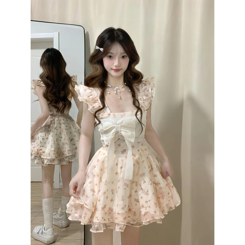 法式甜美小清新蝴蝶结碎花连衣裙女夏季收腰修身显瘦拼接a字短裙