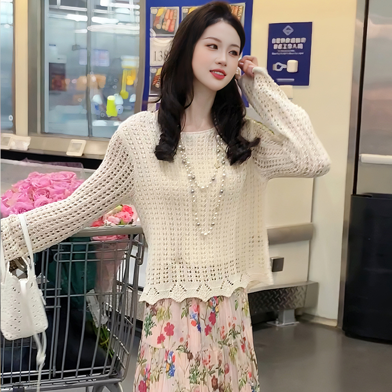 2025新款时尚圆领气质镂空套头法式长袖小香风针织衫AA5ZKS0054