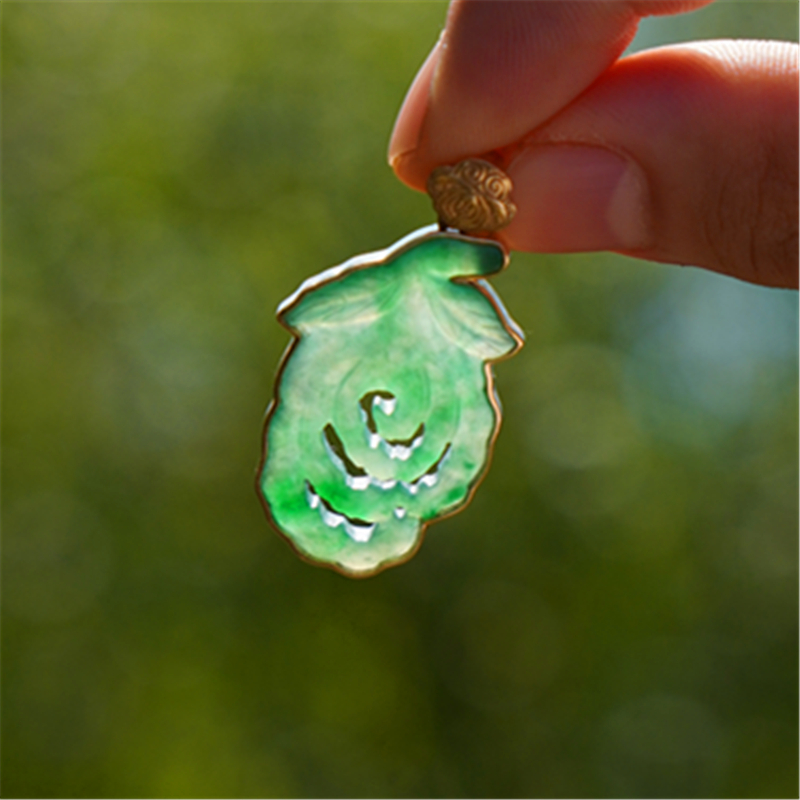 【福寿】老翡翠佛手花造型包18k金吊坠配如意扣头