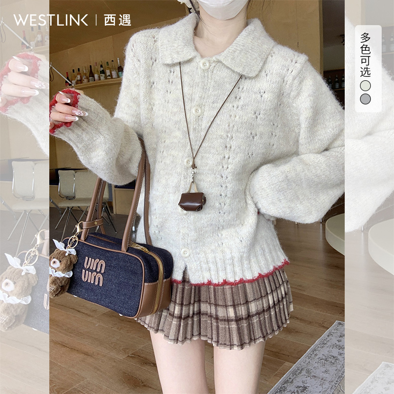 1619西遇慵懒风针织外套女2025年秋季新款polo领纽扣宽松毛衣开衫