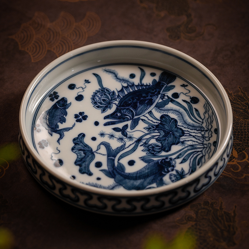 【记石柴窑】青花鱼藻壶承手工手绘景德镇茶具