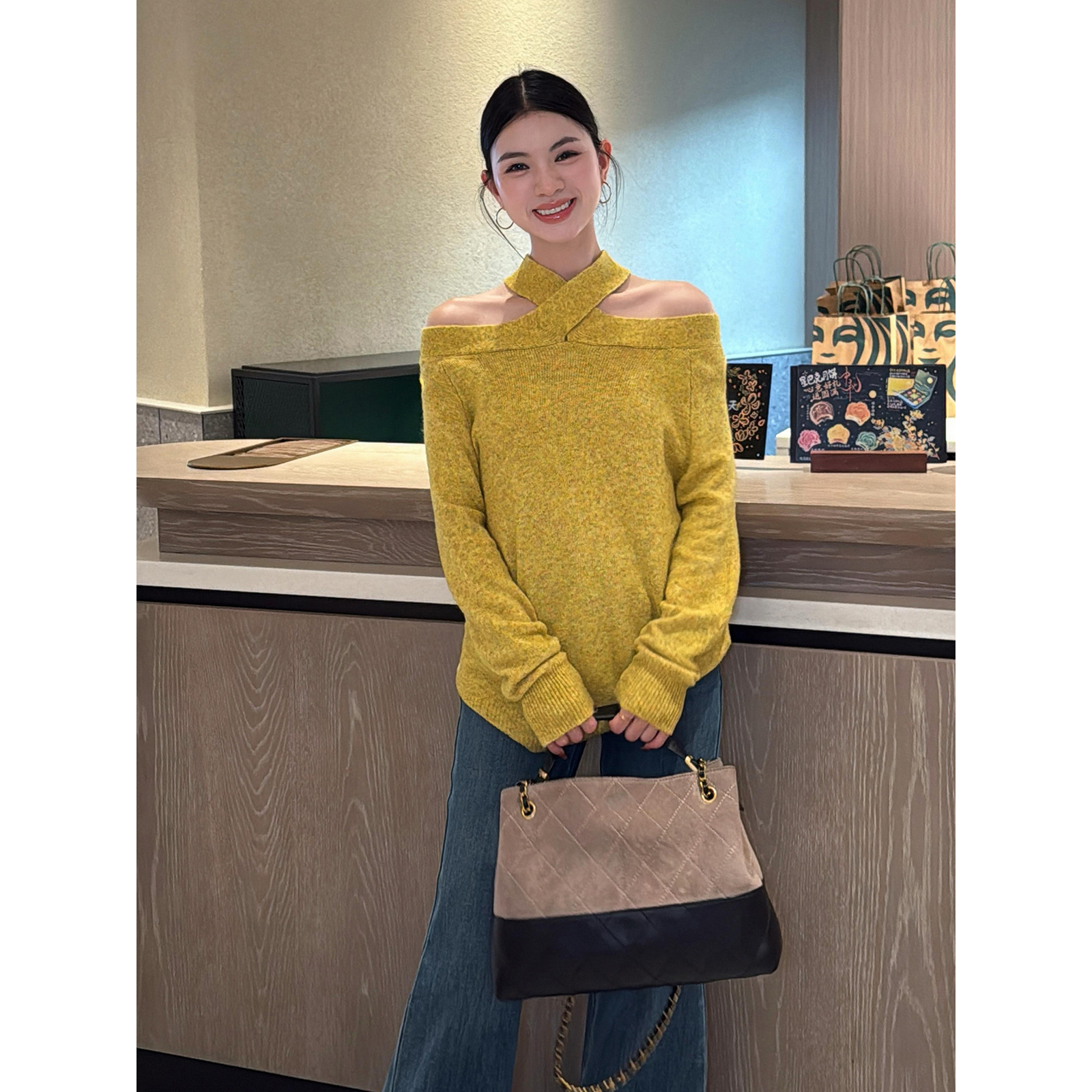 交叉焦点韩系设计感秋冬时尚宽松显瘦百搭宽毛衣上衣针织衫女装