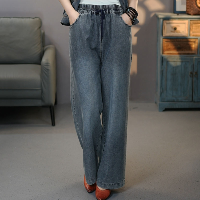 6858蓝色2025夏季新款莱赛尔牛仔裤女宽松大码松紧时尚休闲阔腿裤