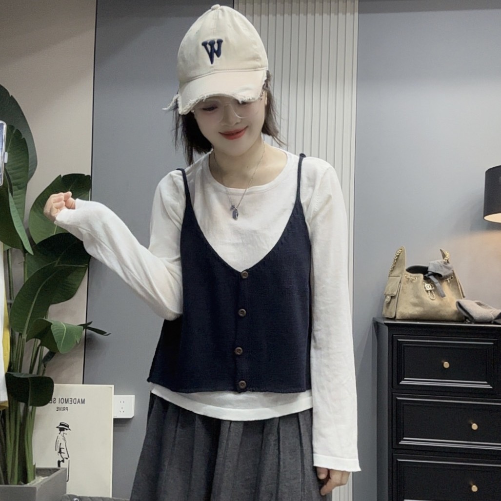双双韩版休闲风设计感长袖真两件女秋季新款简约吊带背心穿搭上衣