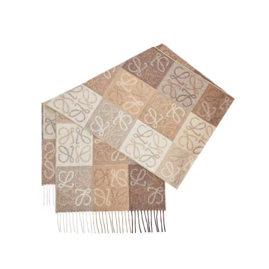 未使用 LOEWE/罗意威 羊毛混羊绒拼色流苏围巾披肩男女